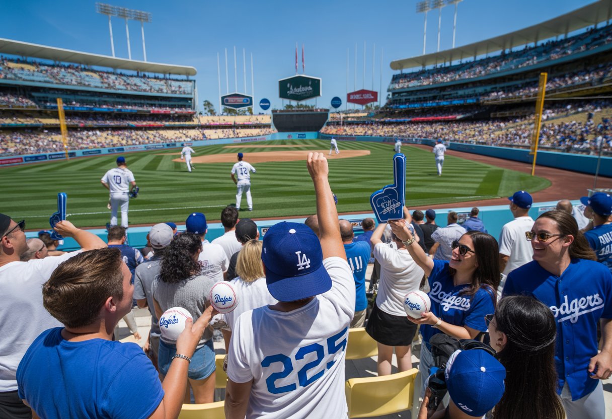 A crowded baseball stadium with fans wearing Dodgers gear holding giveaway items during a sunny day game.