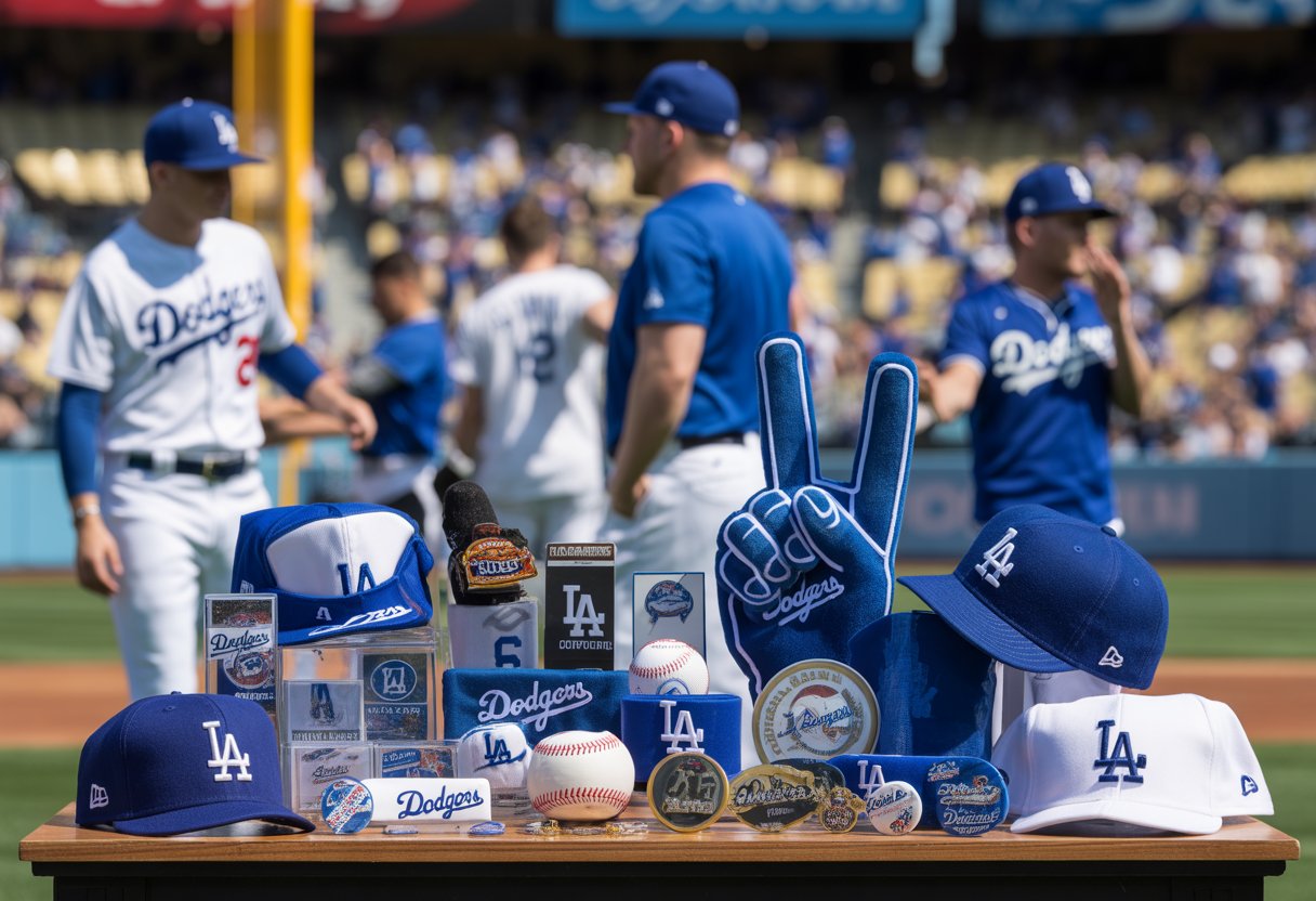 A display of Los Angeles Dodgers baseball giveaways and collectibles including caps, jerseys, foam fingers, and pins arranged on a table with a baseball stadium and fans in the background.