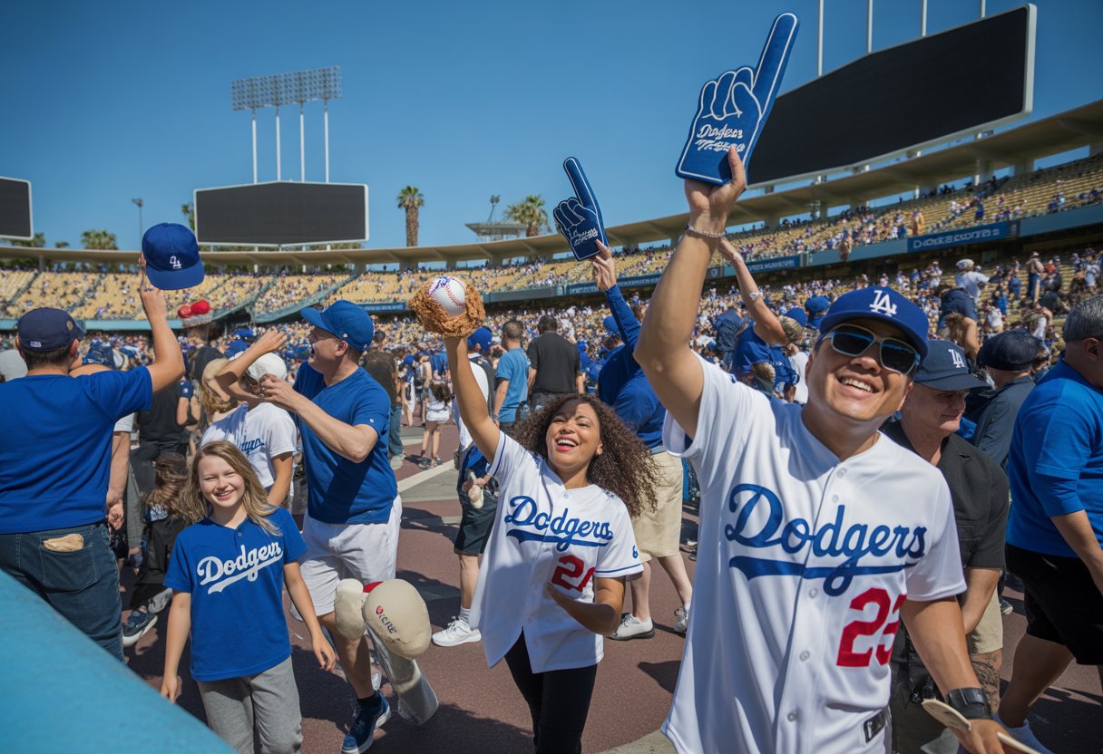 Fans wearing Dodgers gear gather outside Dodger Stadium on a sunny day, holding giveaway items and preparing to enter the stadium.