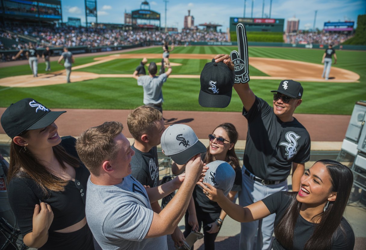 Fans at a baseball stadium happily receiving White Sox merchandise from staff during a giveaway event.