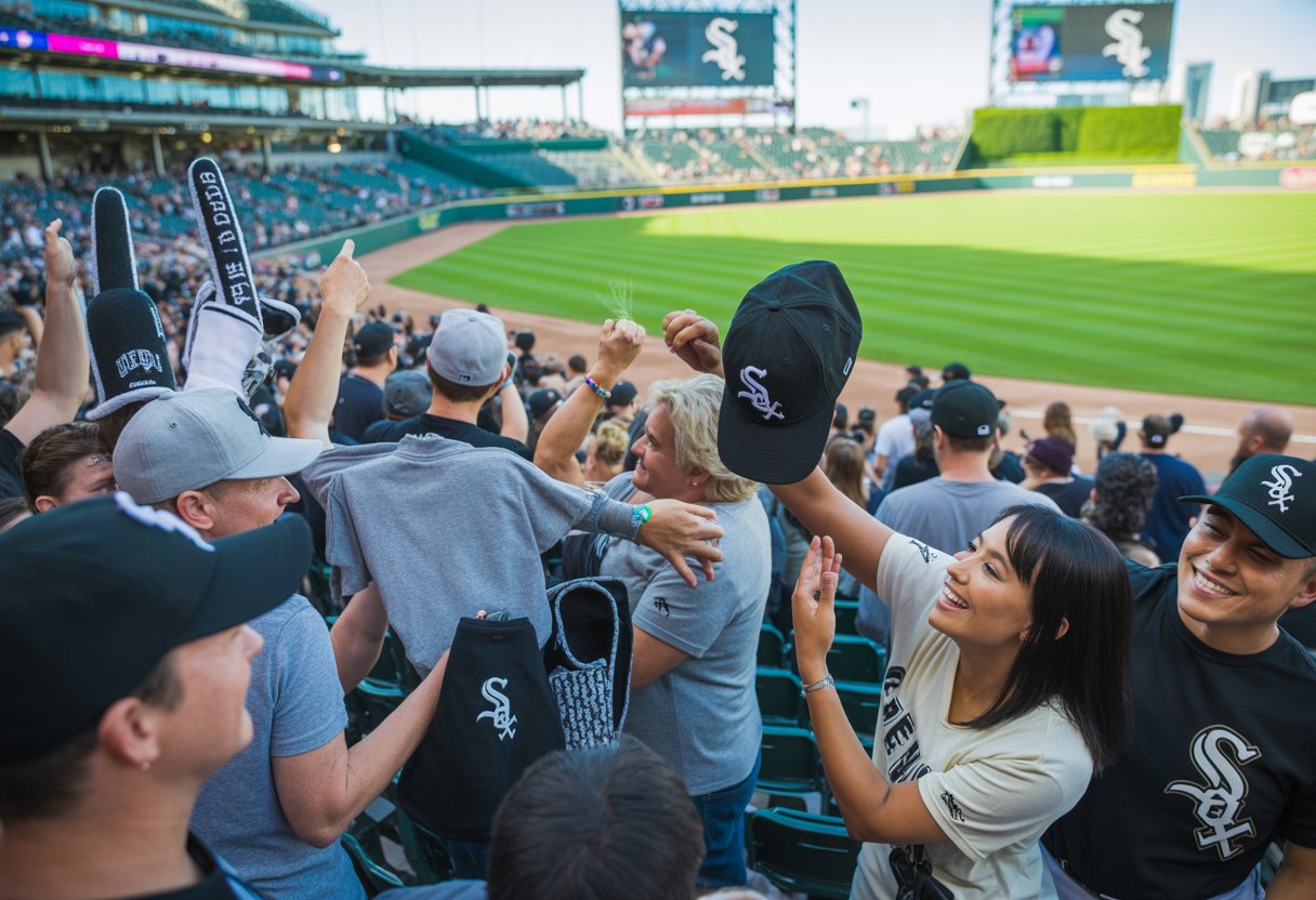 Fans in a baseball stadium happily receiving White Sox merchandise during a giveaway event.