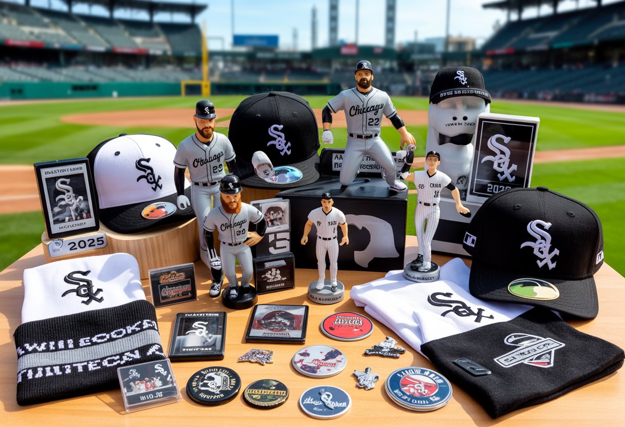 A collection of Chicago White Sox themed giveaway items including caps, bobblehead figures, baseball cards, scarves, and pins arranged on a table with a blurred baseball stadium background.