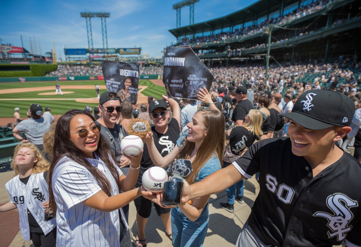 Fans at a baseball stadium enjoying a White Sox giveaway event with people holding collectible items and wearing team apparel.