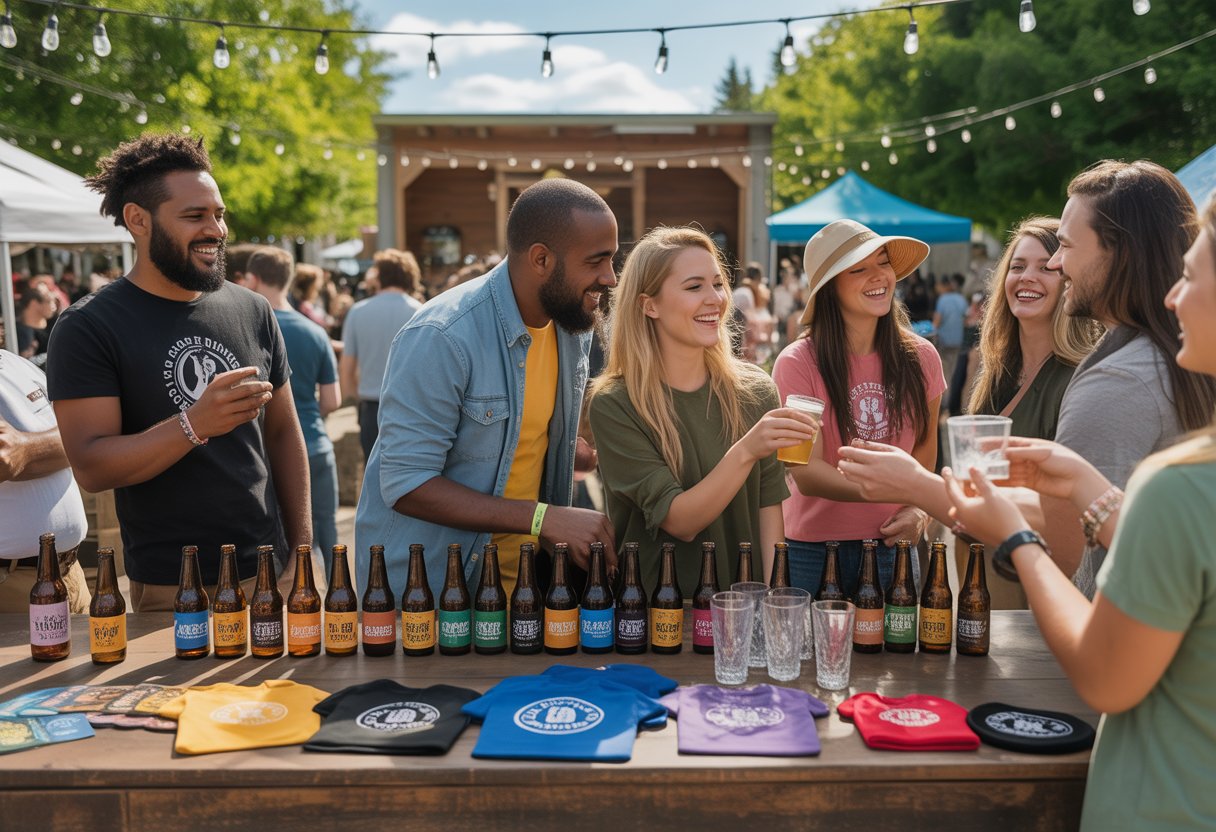 People enjoying a brewery event outdoors with craft beer bottles and giveaway items on a wooden table.