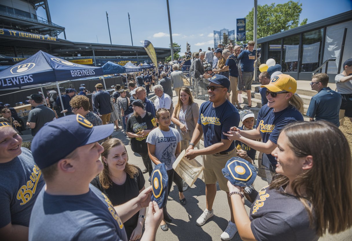 A crowd of people at an outdoor Brewers giveaways event near a baseball stadium, receiving promotional items from staff under tents decorated with team colors.