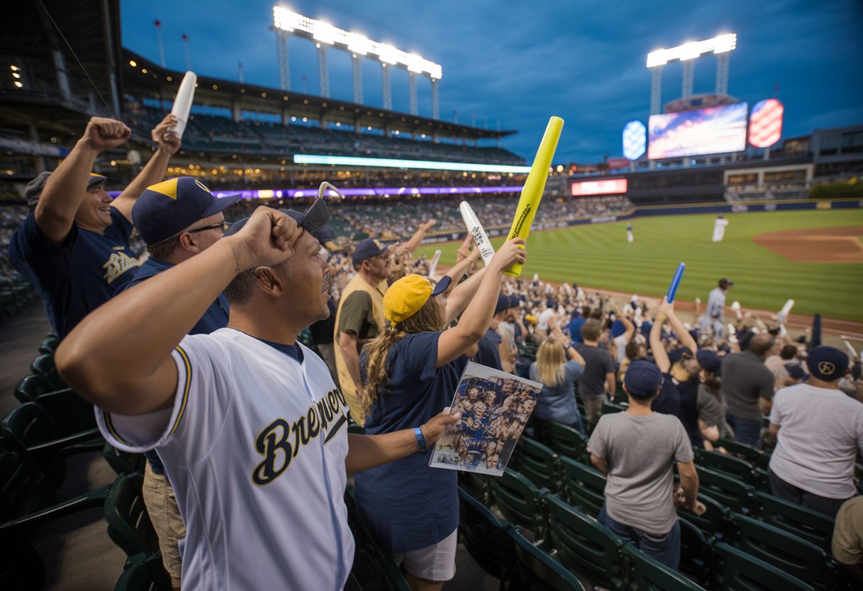 Fans wearing Brewers gear cheer at a baseball game during a special theme night with giveaway items visible in the crowd.