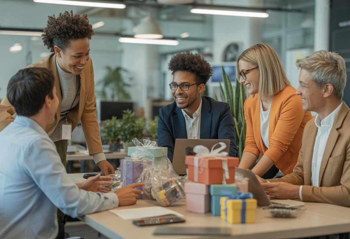 A group of people collaborating around a table with giveaway items in a modern office setting.