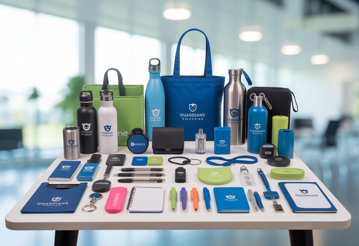 A table displaying a variety of promotional giveaway items such as water bottles, tote bags, pens, USB drives, notepads, keychains, and lanyards arranged neatly in an office setting.