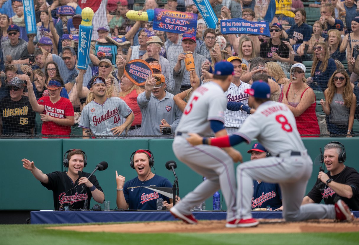 Baseball players in Guardians uniforms playing on the field with announcers at a broadcast table and fans holding giveaway items in a packed stadium.