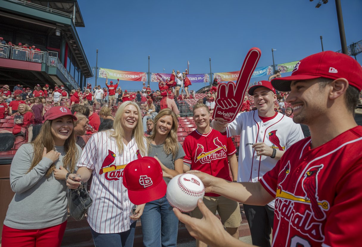 A crowd of people at a stadium receiving Cardinals-themed giveaway items with fans wearing red and white apparel.