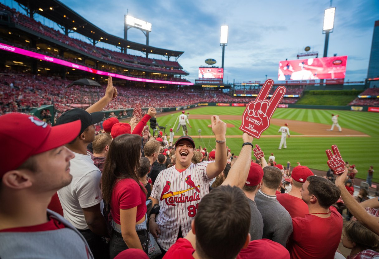 A lively crowd of fans wearing Cardinals gear cheering in a stadium during a baseball event with giveaway items being distributed.