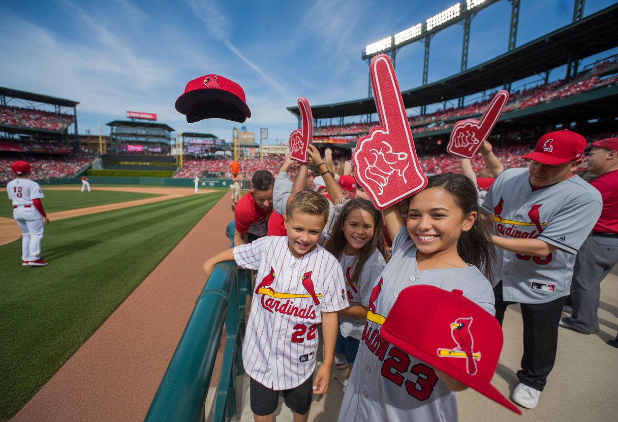 A group of excited baseball fans at a stadium receiving giveaway items during a Cardinals game.