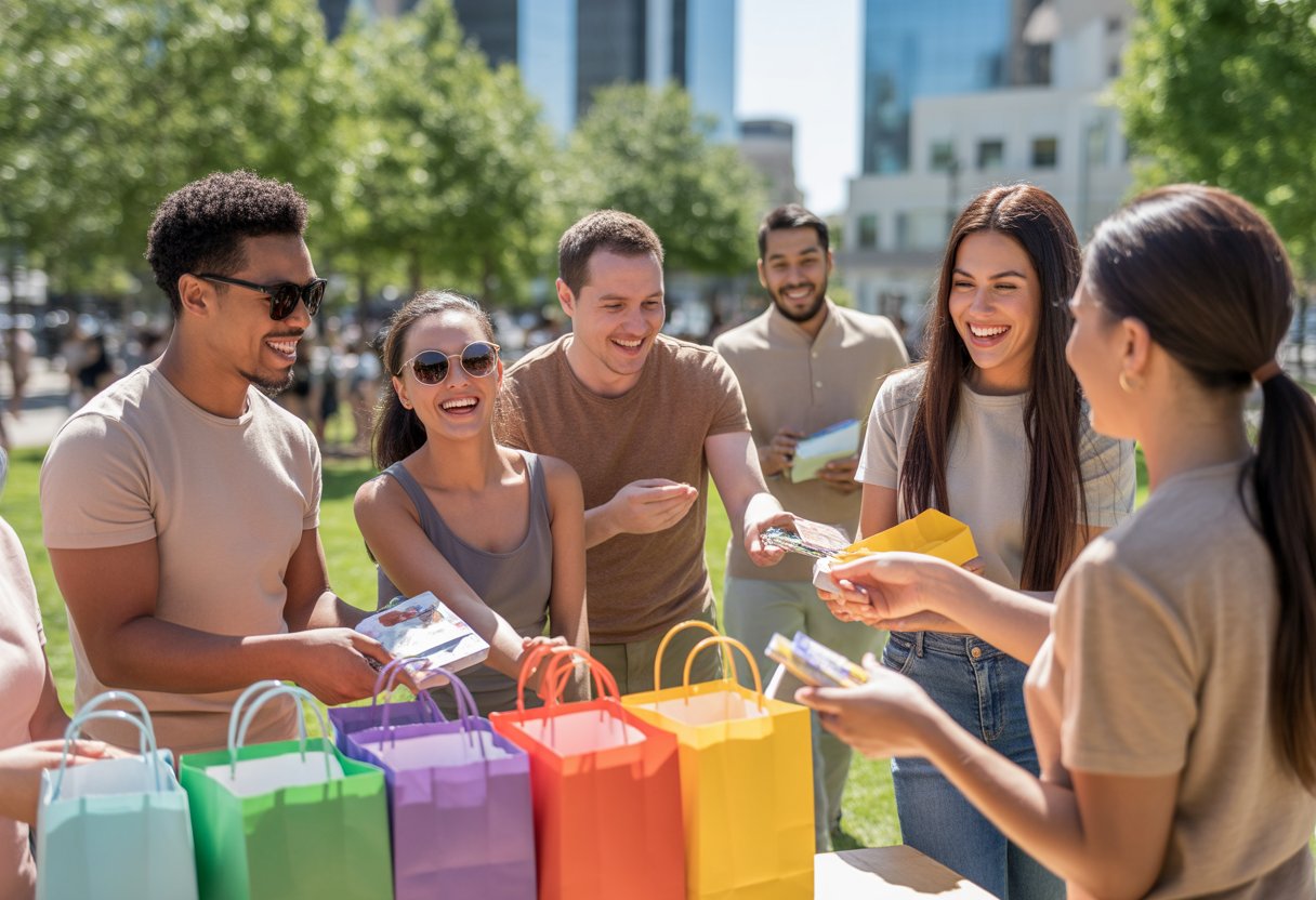 People gathered outdoors at a giveaway event receiving free items from volunteers at a booth in a sunny park.