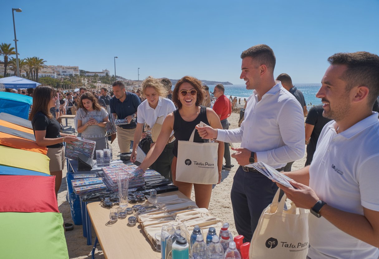People enjoying a giveaway event outdoors near the beach with tables of promotional items and the ocean in the background.