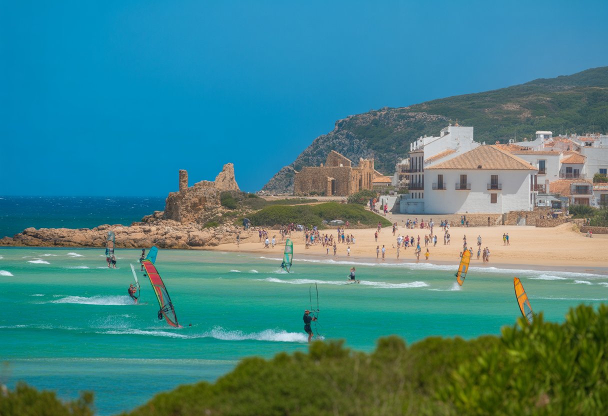 Coastal beach scene in Tarifa with windsurfers on turquoise water, tourists exploring historic buildings, and cliffs with greenery in the background.