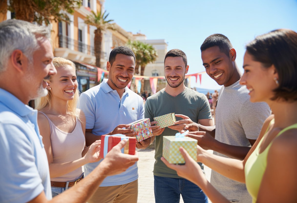 A diverse group of people happily exchanging gifts and raffle tickets outdoors in a sunny coastal town with palm trees and colorful decorations.