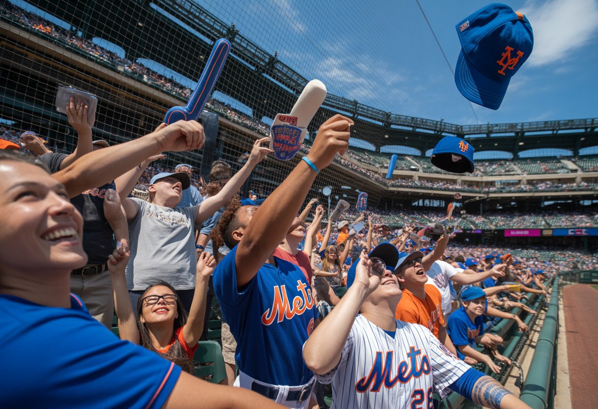 Fans at a baseball stadium eagerly catching giveaways during a Mets game, surrounded by colorful merchandise and lively crowd.