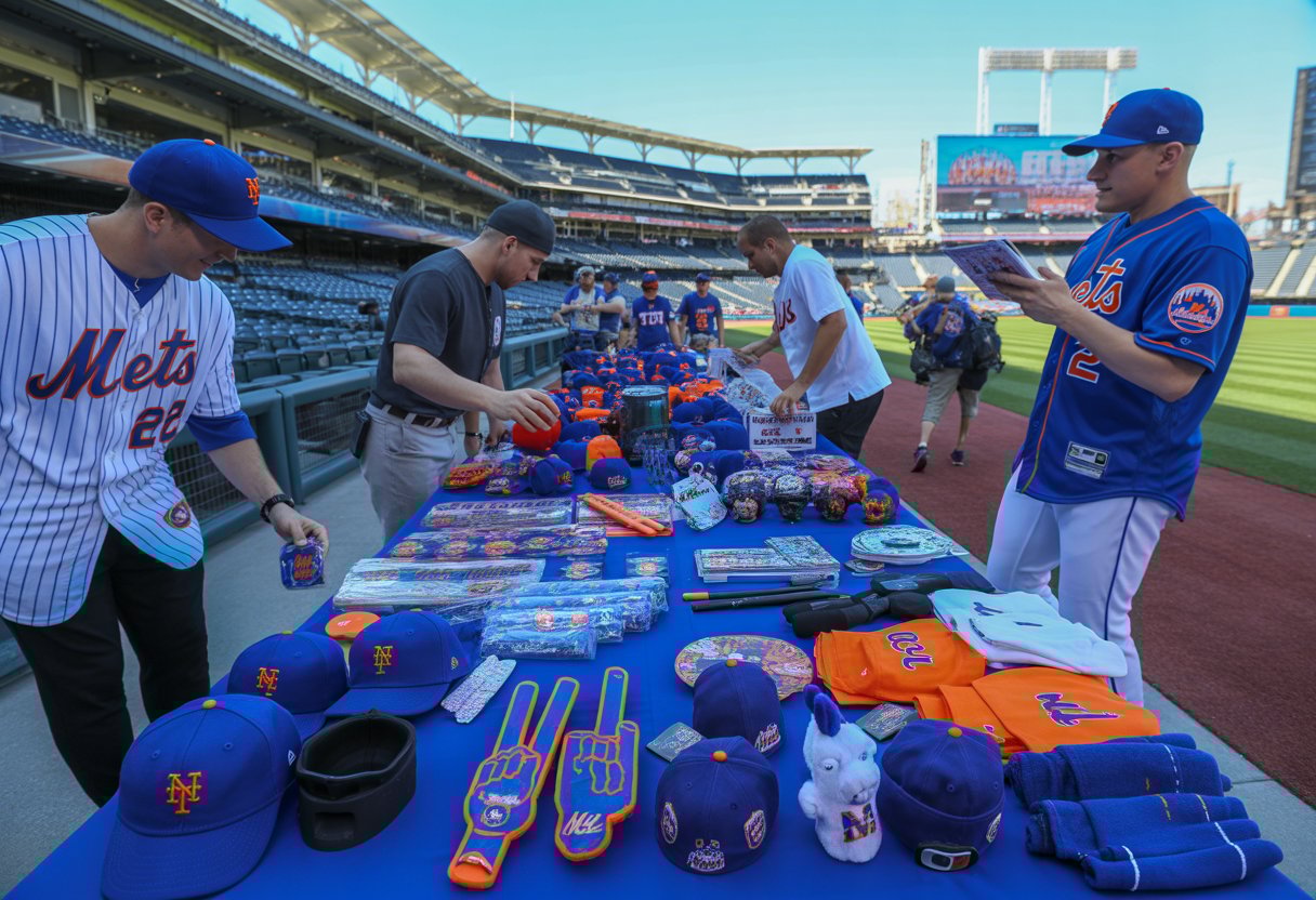 Fans at a baseball stadium browsing a display table filled with New York Mets giveaway items including caps and bobbleheads.