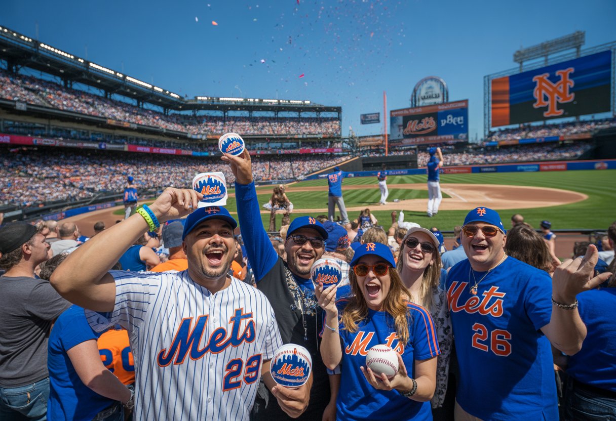 Fans at a baseball stadium celebrating a Mets giveaway event, holding up team merchandise with players warming up on the field in the background.