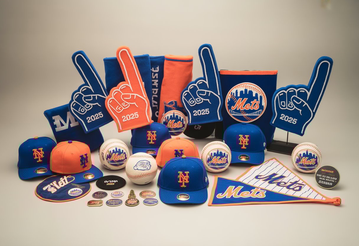 A collection of New York Mets giveaway items including baseball caps, foam fingers, baseballs, pennants, and pins arranged on a neutral background.