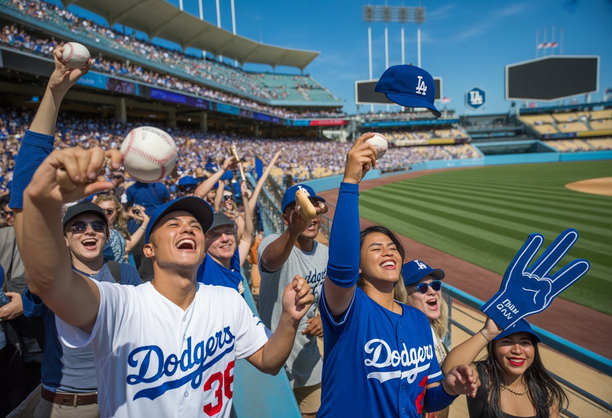Fans at a baseball stadium excitedly reaching for giveaway items during a Dodgers game.