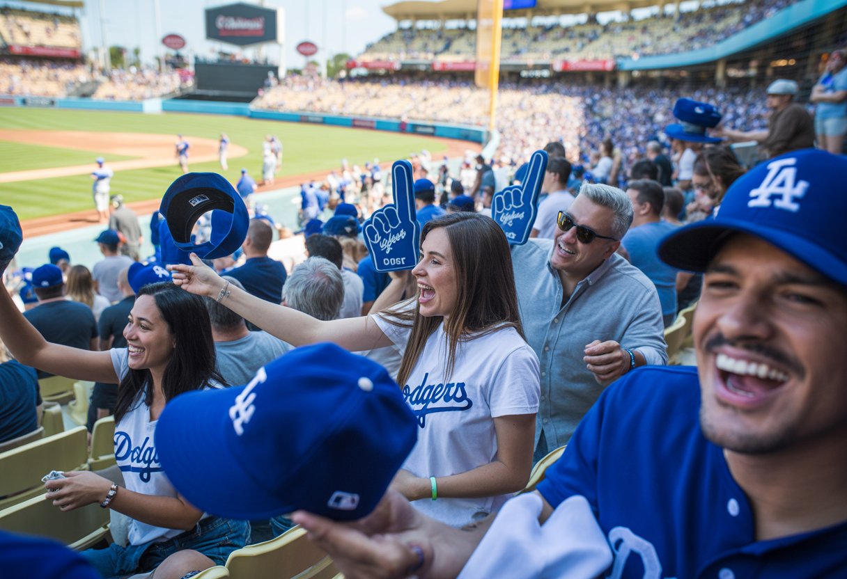 Fans at a baseball stadium happily receiving Dodgers-themed giveaway items during a game.