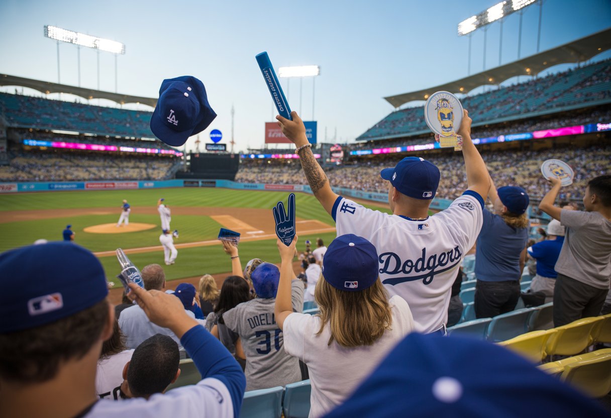 Fans cheering at a Los Angeles Dodgers baseball game with giveaway items and festive decorations in the stadium.