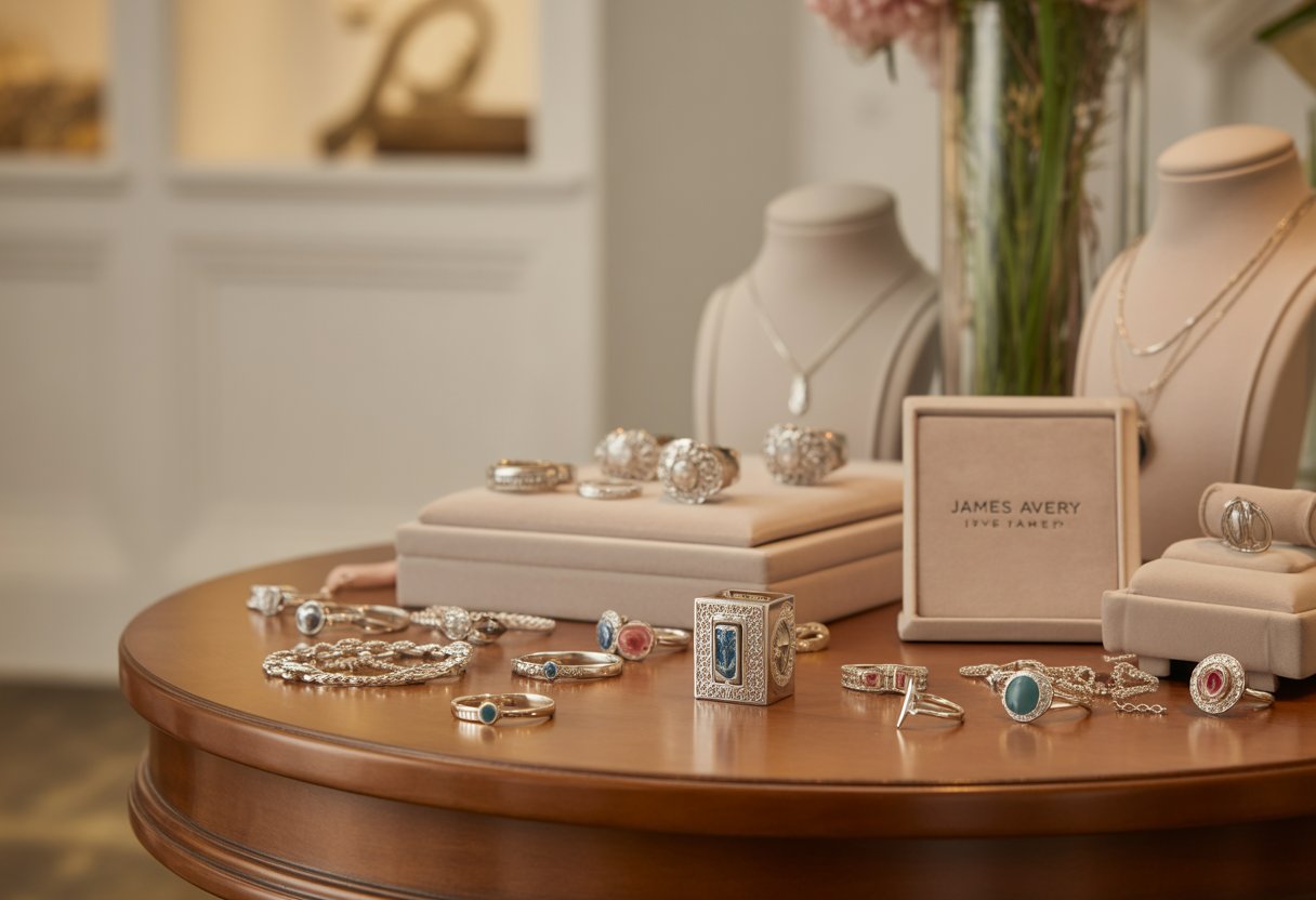 A display table with various silver and gold jewelry pieces arranged neatly in a boutique setting.