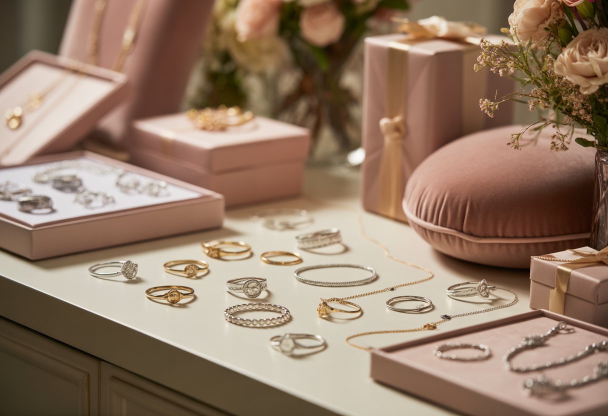 A display table with elegant silver and gold jewelry pieces arranged for a giveaway event.