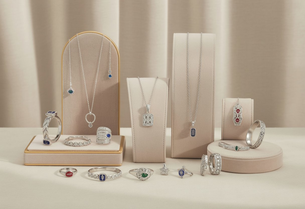 An elegant display of James Avery jewelry pieces including rings, bracelets, necklaces, and charms arranged on a smooth surface with soft lighting.