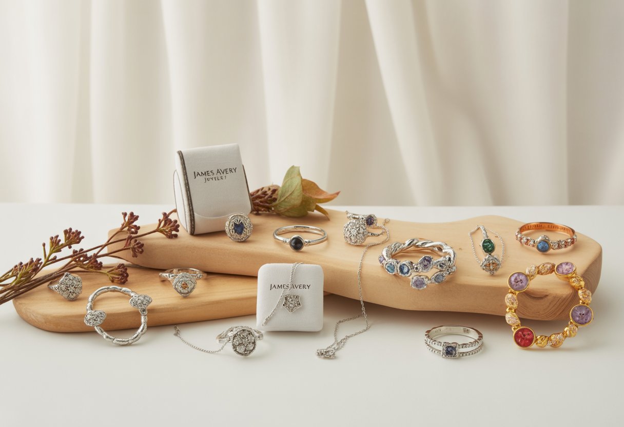A display of elegant jewelry pieces arranged with seasonal decorations on wooden and fabric surfaces.