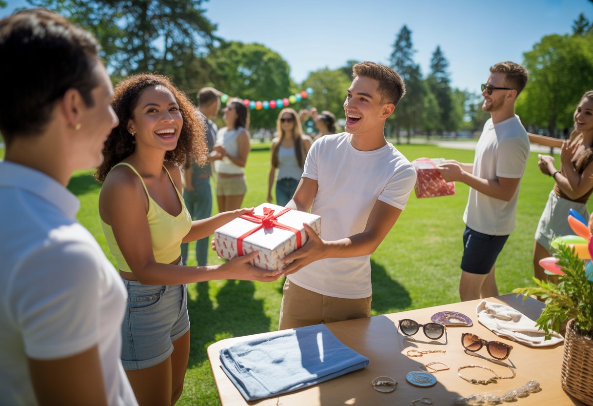 People exchanging gifts and enjoying a summer giveaway event outdoors in a sunny park.