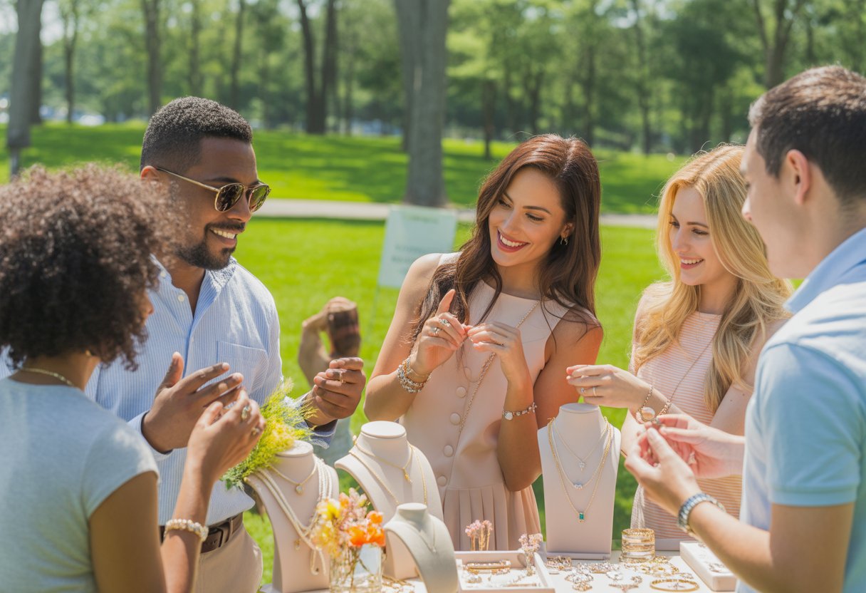 People gathered around a jewelry booth outdoors on a sunny summer day, smiling and looking at jewelry pieces.