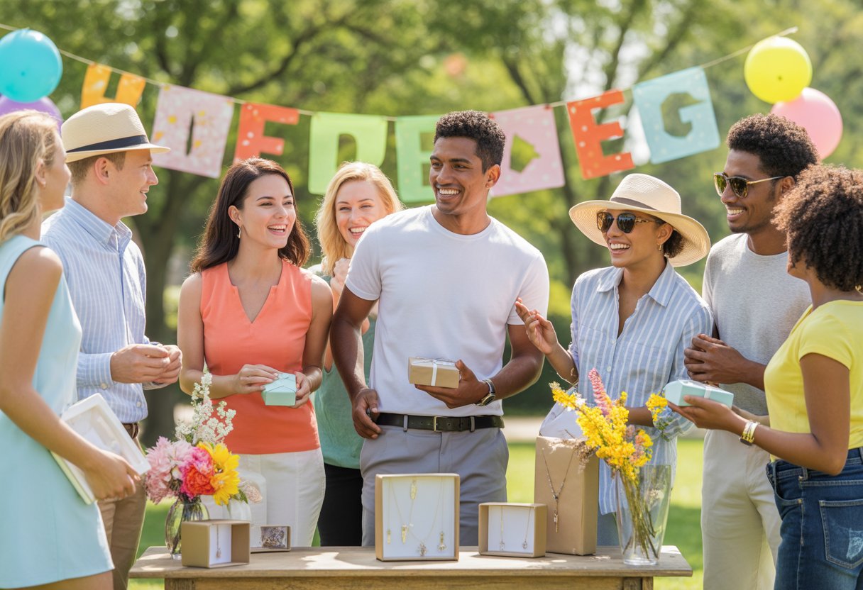 A group of diverse people outdoors on a sunny day, smiling and holding small gift boxes and jewelry at a summer giveaway event.