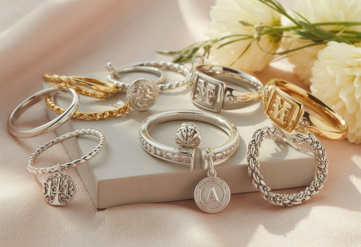 An elegant display of James Avery silver and gold charms and jewelry arranged on a soft fabric background with floral accents.