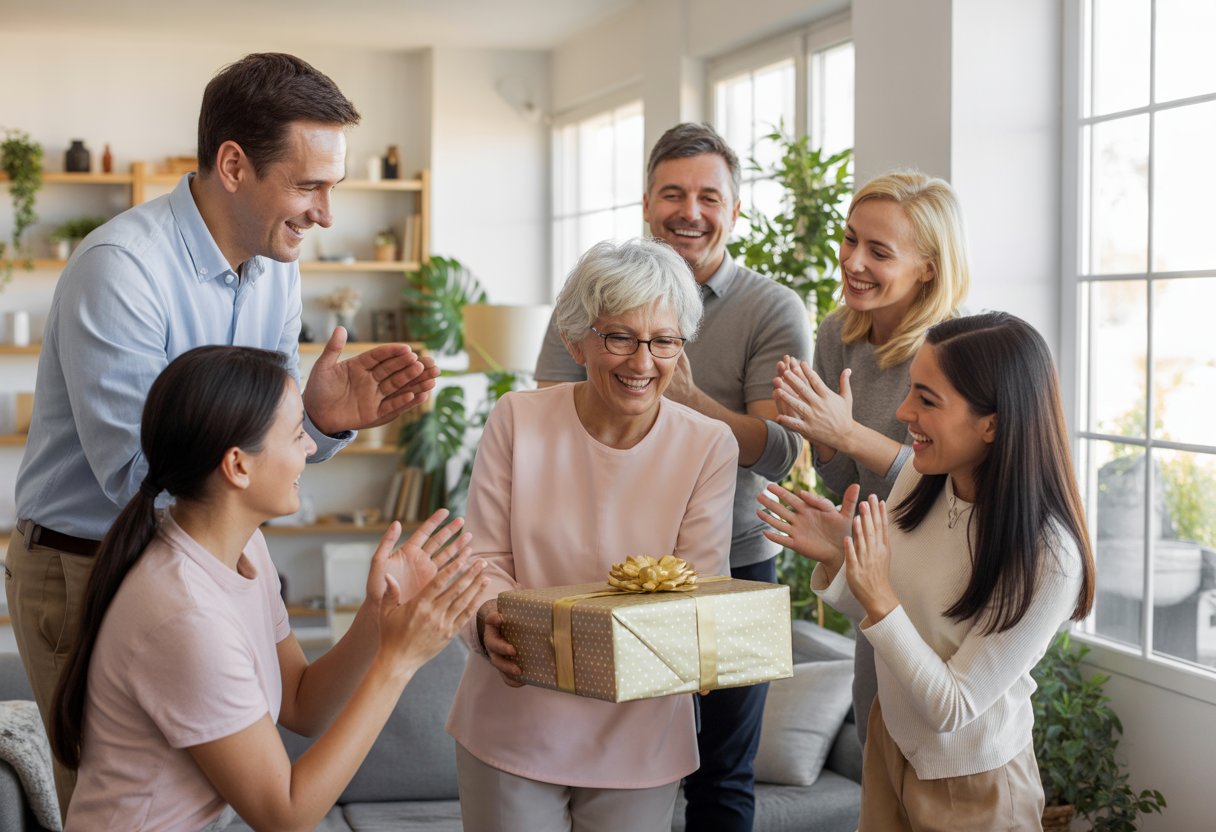 A grandmother giving a gift to a young adult while family members smile and celebrate in a bright living room.