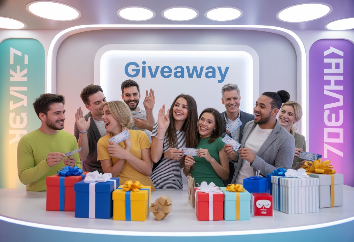 A group of happy people gathered around a giveaway booth with gift boxes and prizes on display.