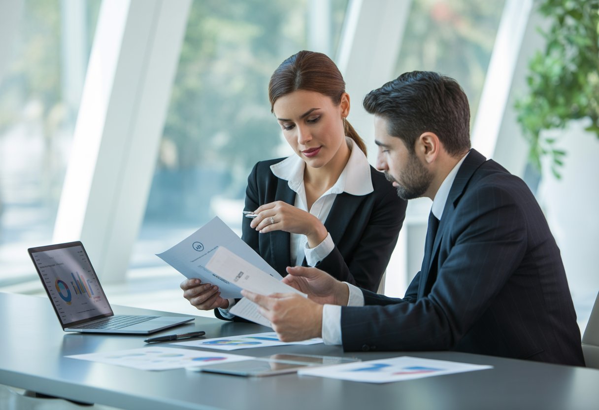 Two professionals reviewing documents together at a conference table in a bright office.