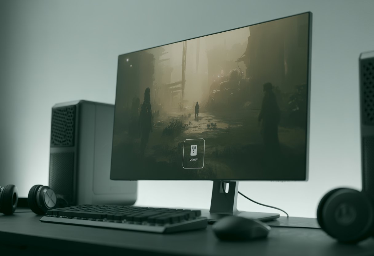 A gaming setup with a desktop computer showing the dark, eerie world of the game Limbo on the screen, surrounded by gaming accessories.