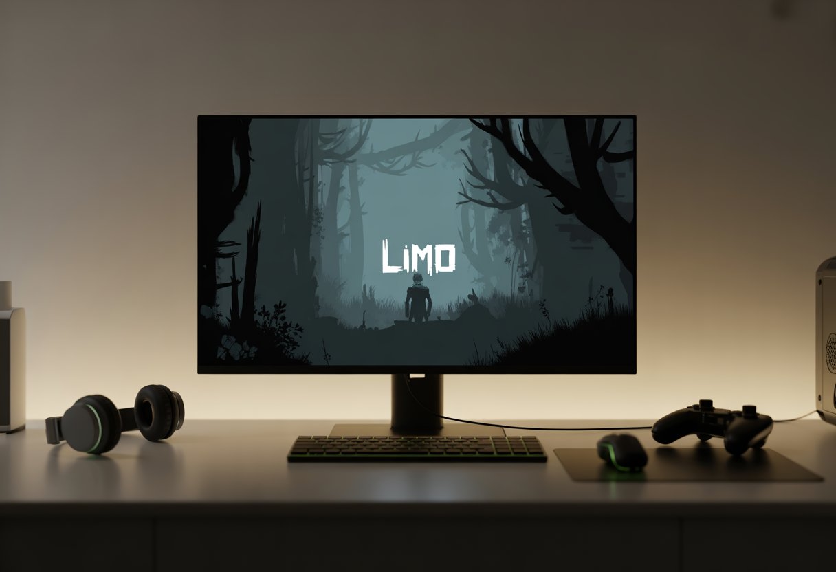 A modern gaming setup with a desktop computer displaying the dark silhouette art style of the game Limbo.