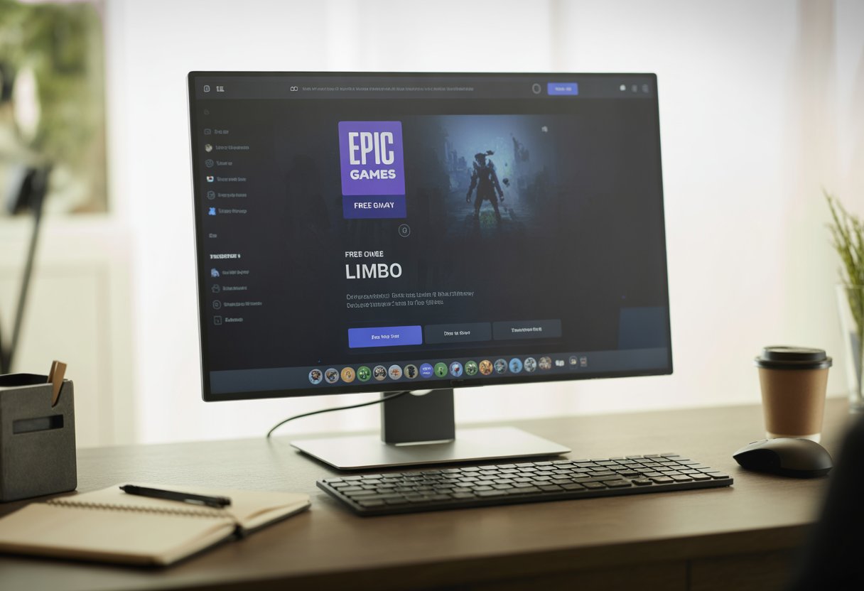 A modern workspace with a computer screen showing the Epic Games Store interface featuring the game Limbo, surrounded by a keyboard, mouse, coffee cup, and notebook.