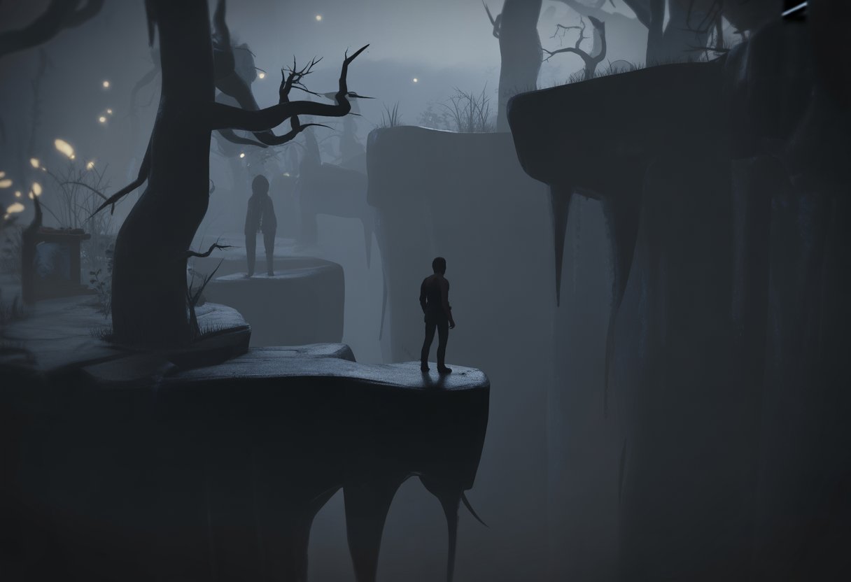 A silhouetted character standing on a platform in a dark, misty forest with twisted trees and glowing lights in the background.