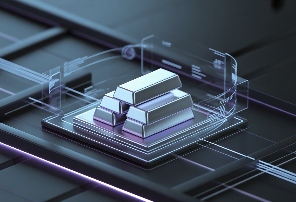 A glowing holographic display of platinum bars in a futuristic digital environment with blue and purple lighting.
