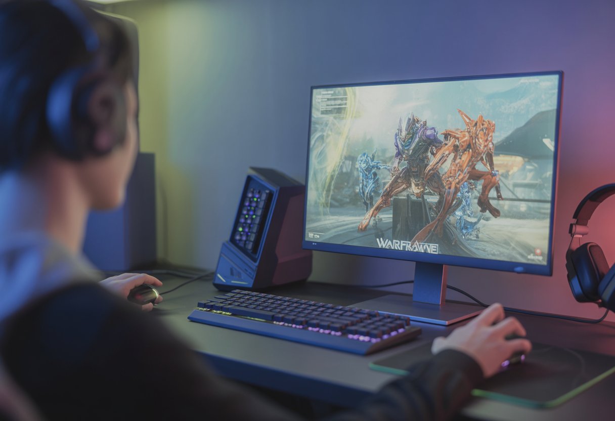 A gaming setup with a desktop computer showing Warframe gameplay, surrounded by a keyboard, mouse, and headset, with a hand interacting with the controls.