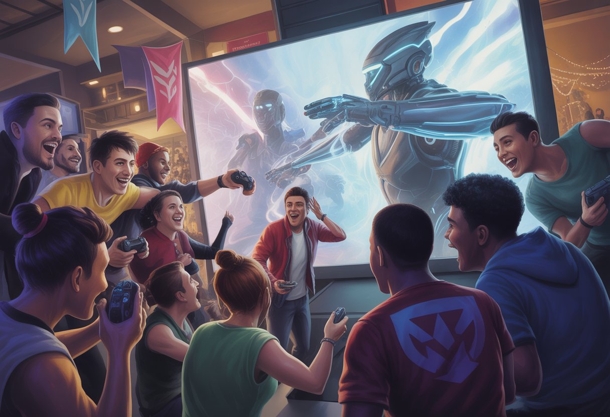 A diverse group of gamers gathered around a large screen showing futuristic sci-fi visuals, enjoying a community gaming event.