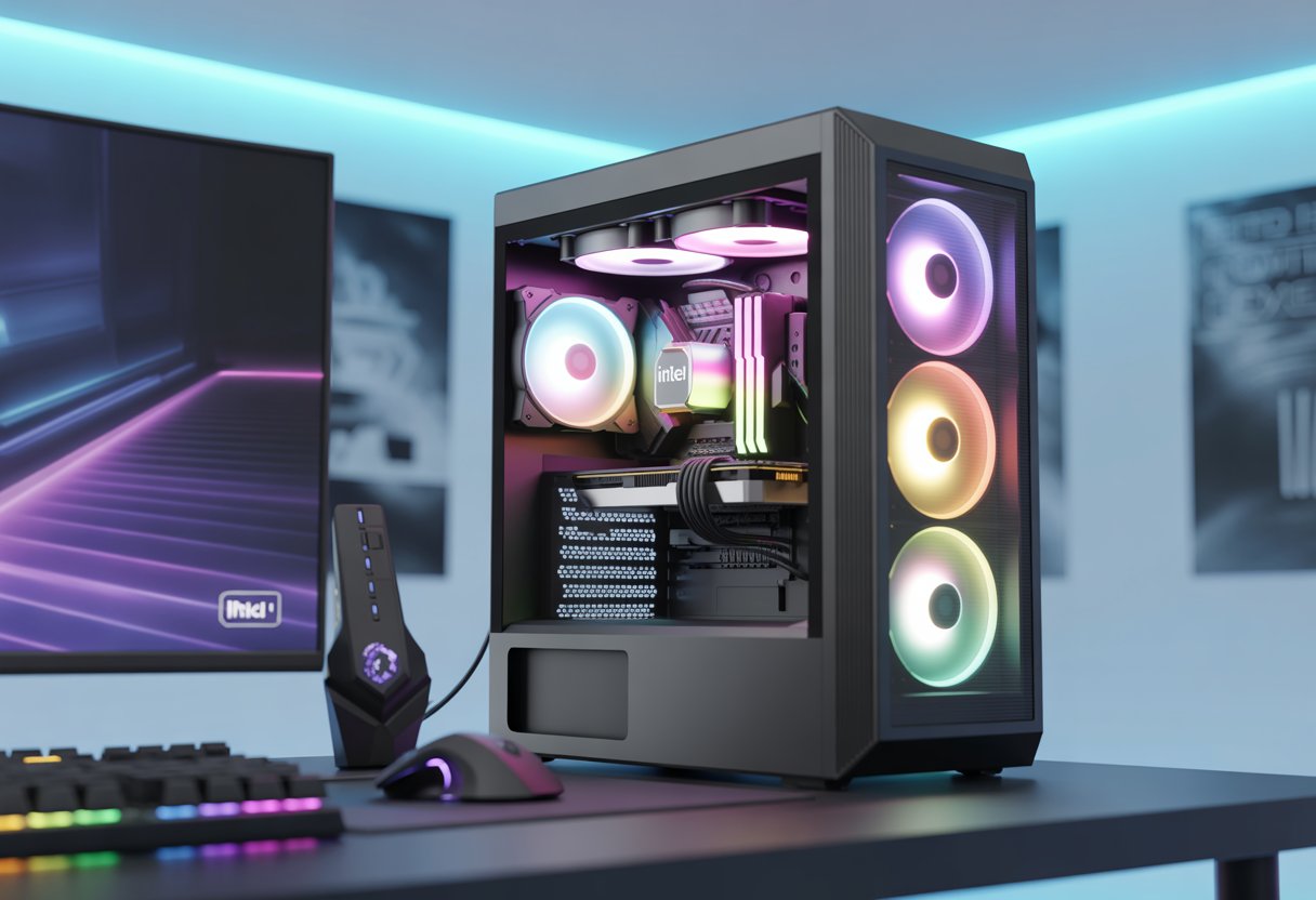 A modern gaming setup with a desktop computer, RGB lighting, gaming accessories, and a curved monitor displaying colorful game graphics in a well-lit room.