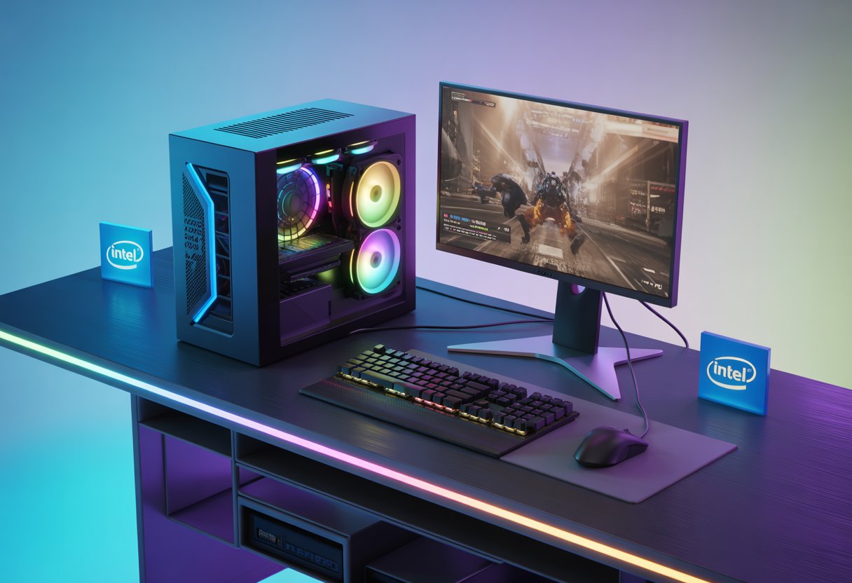 A modern gaming setup with a desktop computer, glowing RGB lights, a monitor showing a video game, and gaming keyboard and mouse.