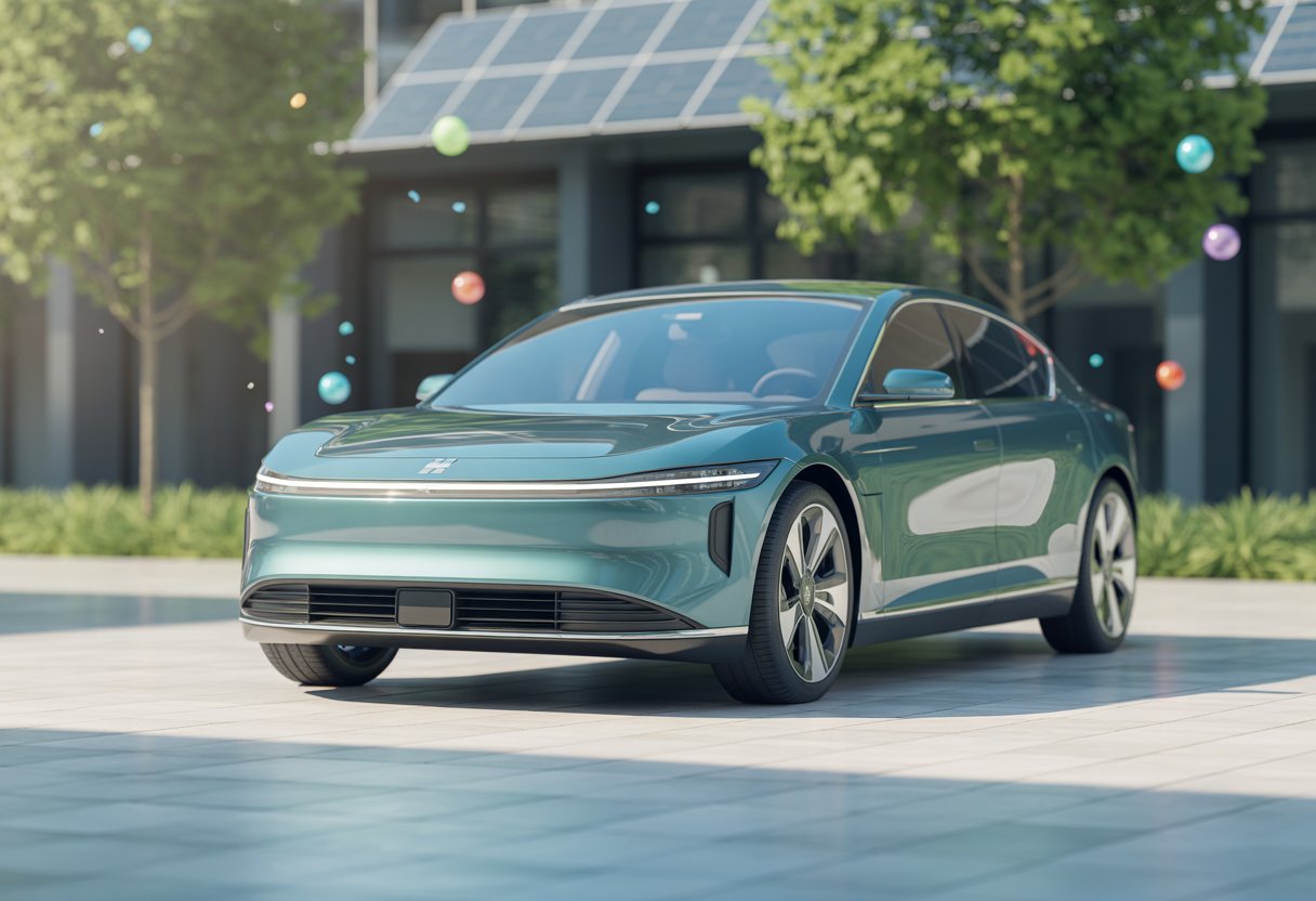 A modern electric car parked outdoors with green trees and solar panels in the background, surrounded by colorful balloons floating in the air.