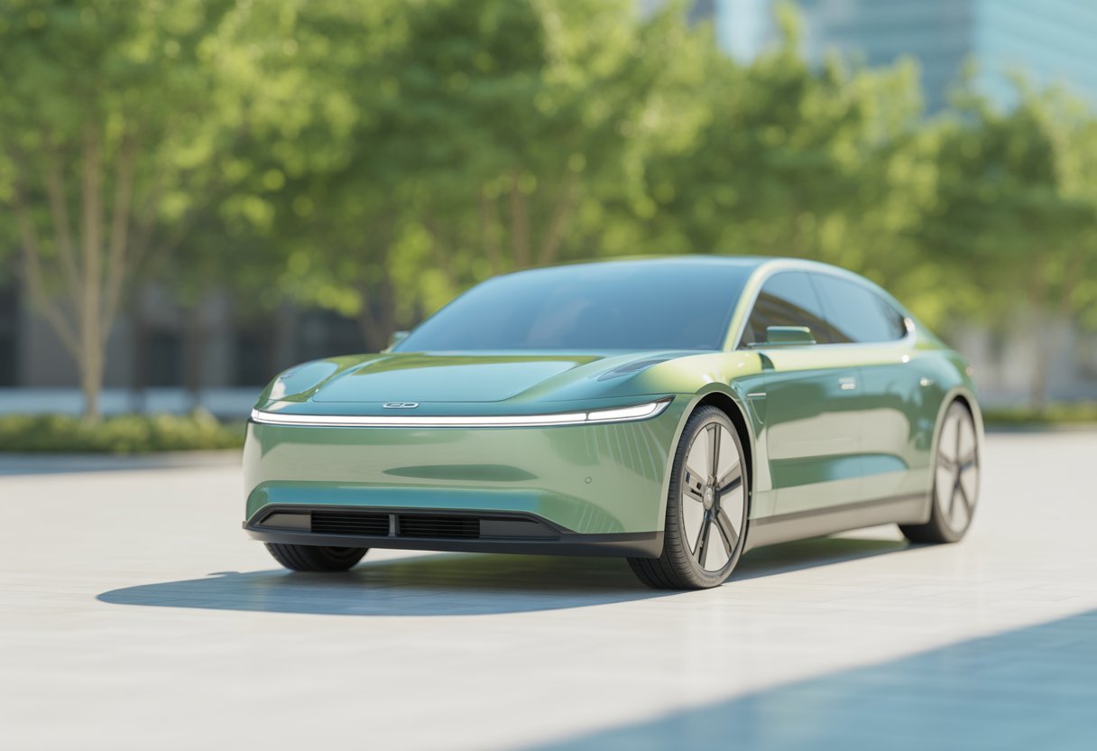 A sleek electric car parked outdoors in a sunny urban setting with trees and clear skies.