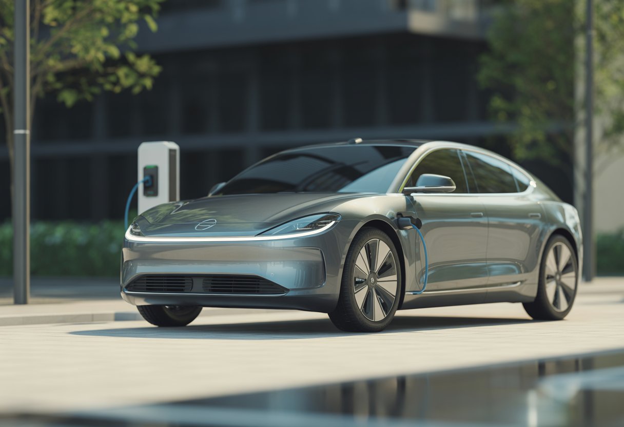 A modern electric car parked on a clean city street with greenery and buildings in the background.